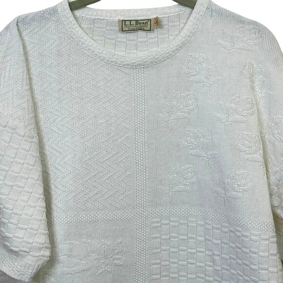 1980's L.L. Bean Made in USA 100% Cotton Mixed Knit Floral Short Sleeve Sweater - Picture 3 of 9